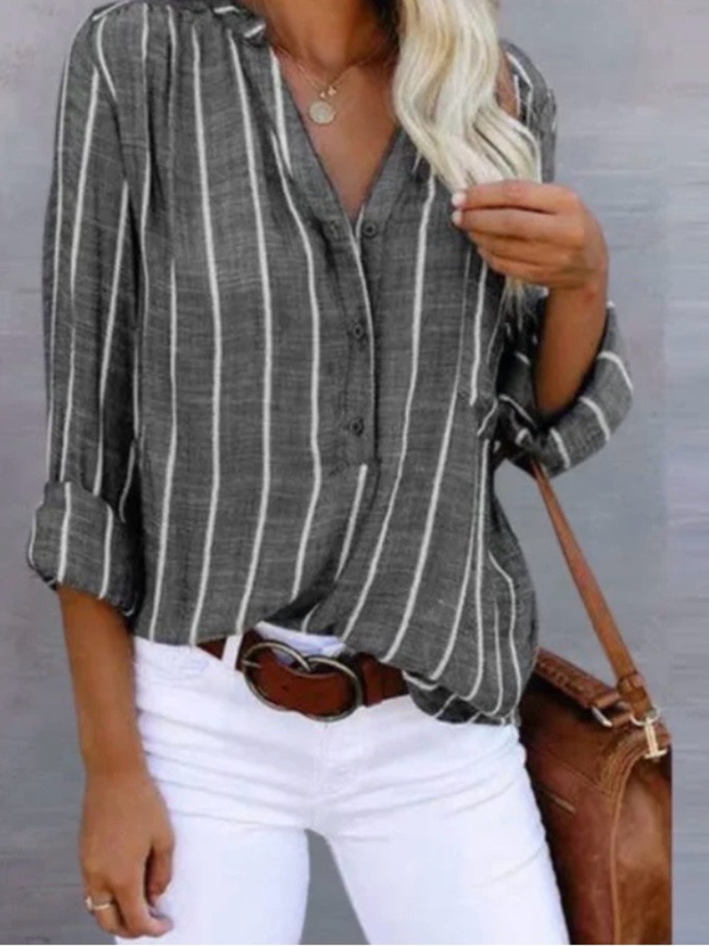 Grey Stripe Button-Up Top with Chest Pocket